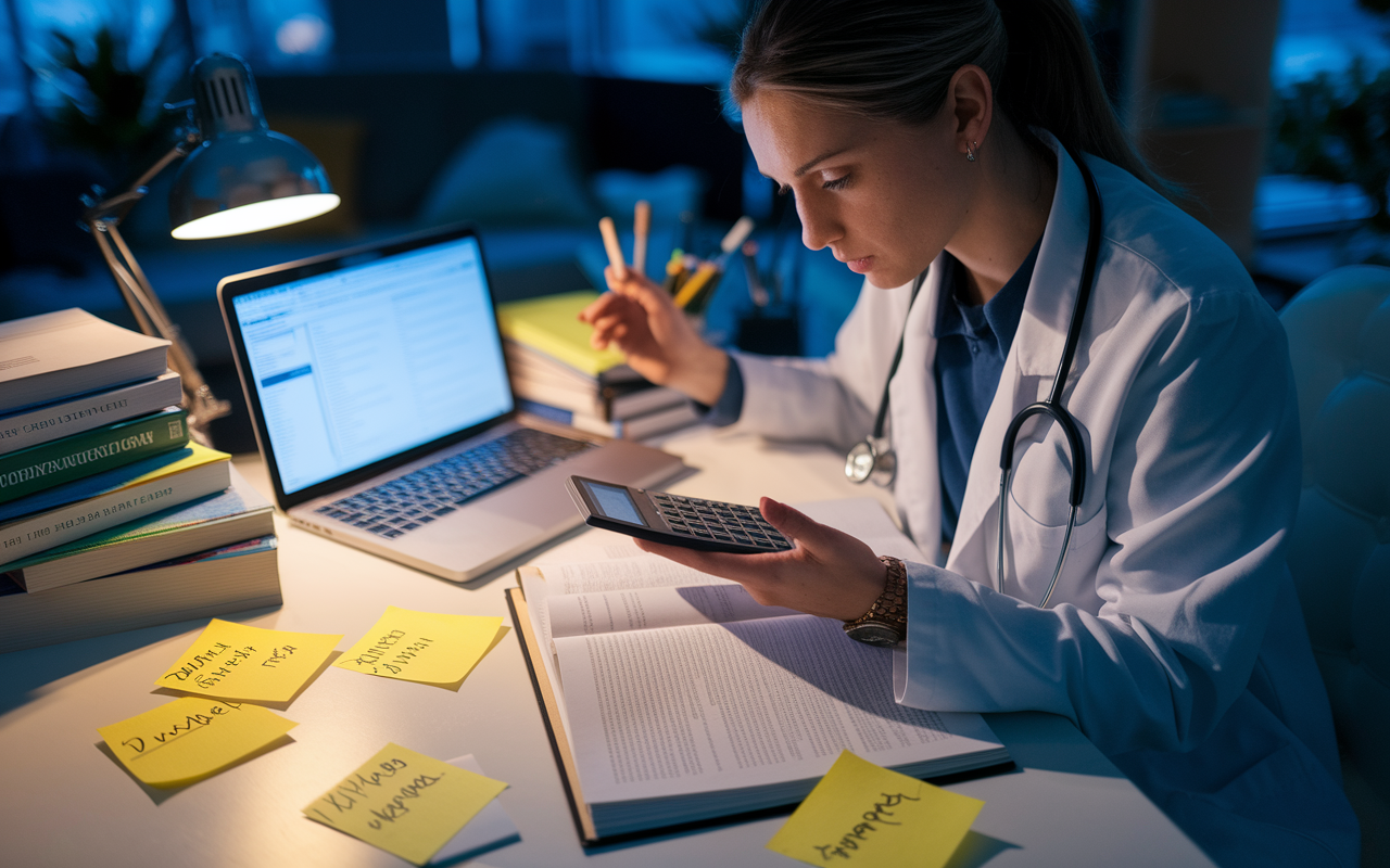 A focused medical student sitting at a desk late in the evening, studying financial management for medical school. The workspace is adorned with textbooks on finance, a laptop with budgeting software open, and a calculator in hand. Warm desk lamp lighting casts soft shadows, creating a cozy yet studious atmosphere. Sticky notes with budget tips are visible, emphasizing the importance of financial literacy.