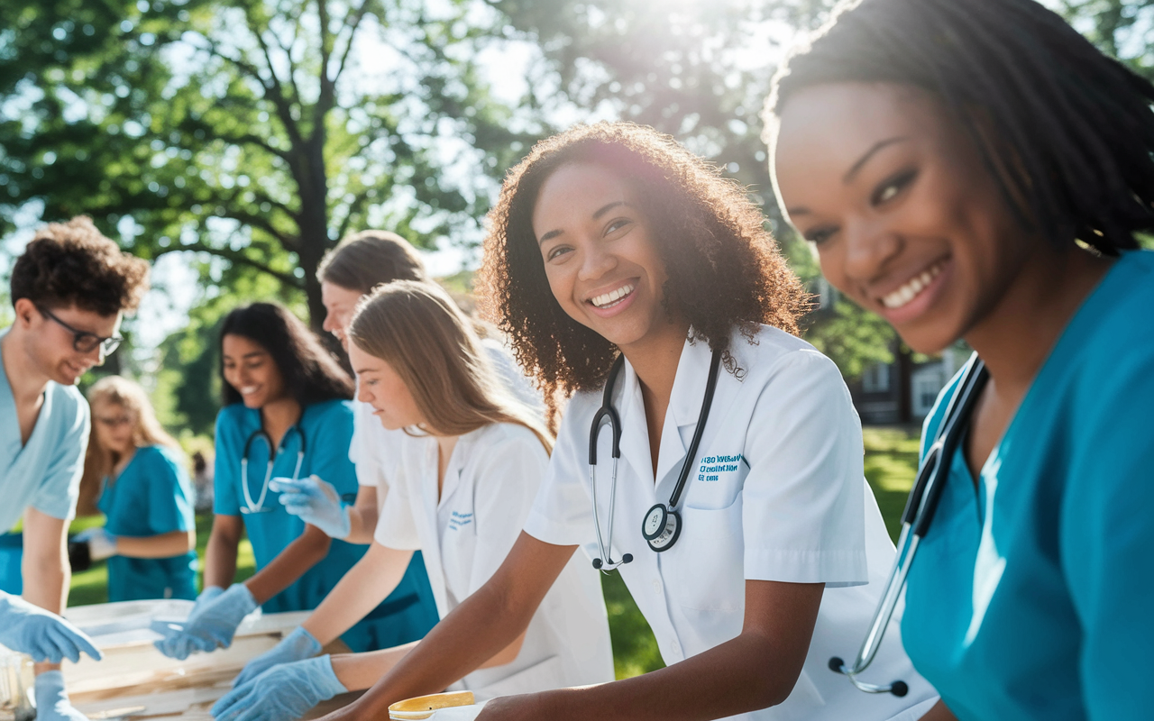 A cheerful first-year medical student participating in a community service project outdoors, surrounded by classmates working together to support local health initiatives. The scene is vibrant and lively, with a focus on teamwork and collaboration. Bright sunlight filters through the trees, highlighting the joy of giving back and the importance of maintaining a balanced life while pursuing academics.