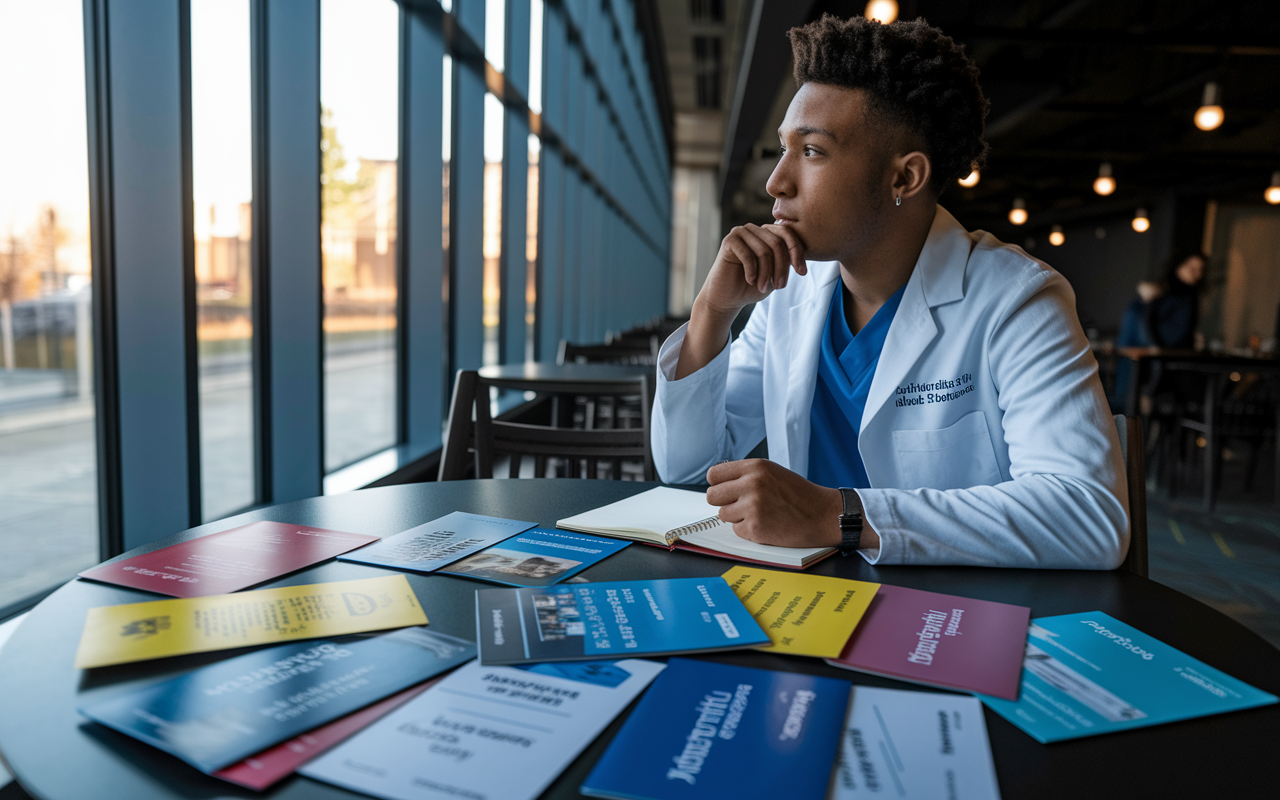 An introspective medical student at a cafe, sitting with a notebook, thinking strategically about their extracurricular commitments. The scene shows a variety of brochures for different student organizations spread out on the table. Natural light pours in through large windows, casting a warm ambience, reflecting the student's journey of choosing to focus on quality commitments over quantity.