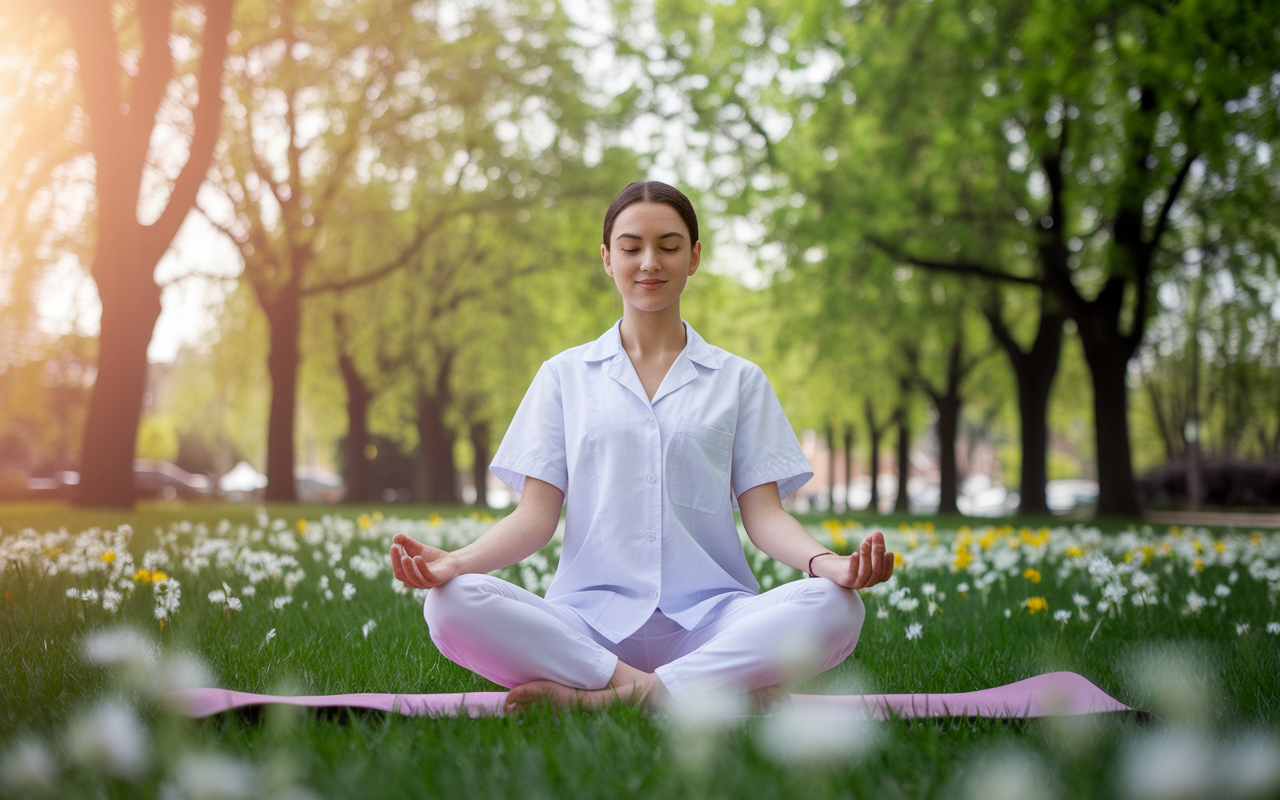 A serene scene of a medical student practicing yoga in a peaceful park, surrounded by vibrant spring flowers and lush green trees. The student is in a meditative pose, eyes closed, with a soft smile, embodying tranquility. The warm sunlight filters through the leaves, enhancing the calm atmosphere, symbolizing the importance of mental health and wellness amidst the demanding medical school environment.