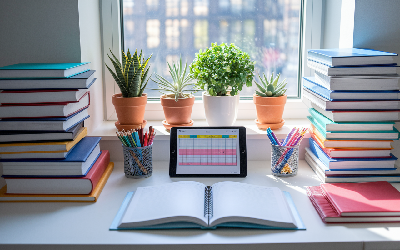 An aesthetic study corner showcasing an organized desk filled with neatly stacked textbooks, a digital tablet displaying a colorful schedule, and an array of colorful stationery. Natural light floods the space through a window adorned with potted plants, creating an inviting atmosphere. The environment embodies productivity and preparation for the rigors of medical school.