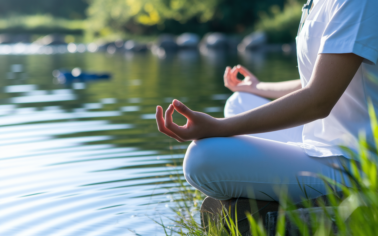 A close-up of a medical student sitting peacefully in nature, practicing mindfulness meditation by a serene water body. Soft ripples create a calming effect, with gentle sunlight illuminating their face, showcasing tranquility. The surrounding environment - filled with greenery and birds chirping - symbolizes peace and mental clarity necessary for enduring medical school challenges.