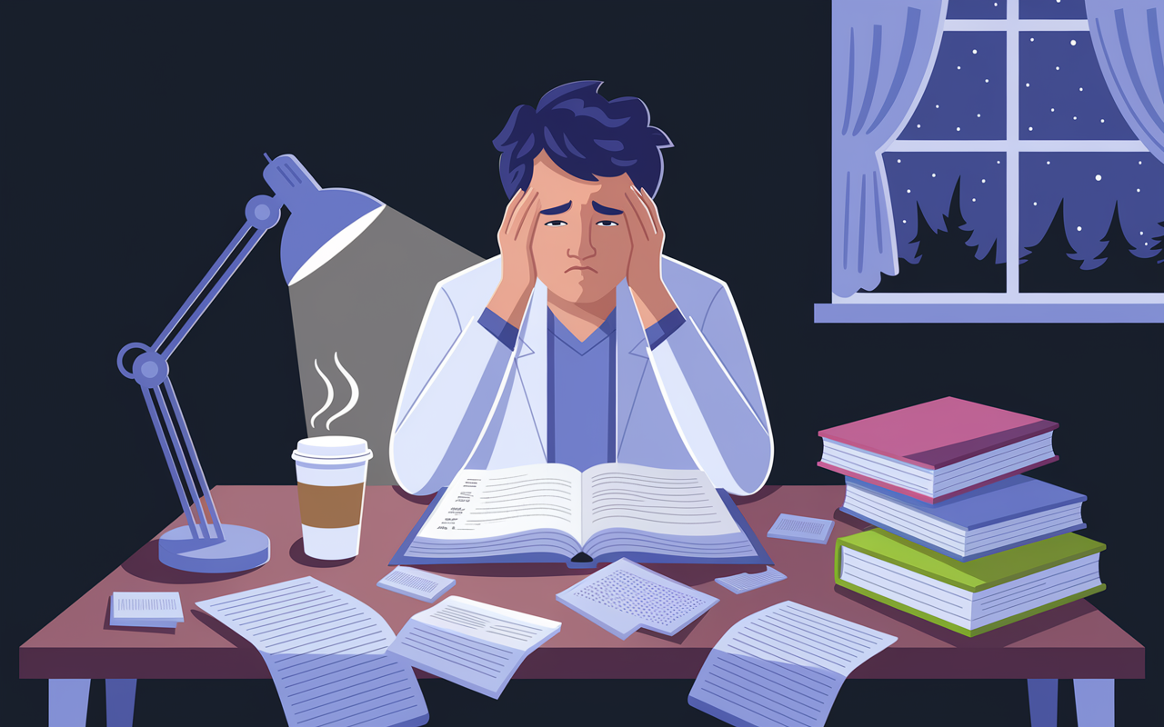 An illustration of a first-year medical student sitting at a cluttered study desk, surrounded by textbooks and notes, looking stressed and overwhelmed. The dim light from a desk lamp casts shadows, emphasizing the student's furrowed brow and anxious expression. On the desk, a coffee cup is spilling over, symbolizing the chaos of academic pressure. Outside the window, nightfall can be seen, contributing to a sense of urgency and the weight of impending exams.