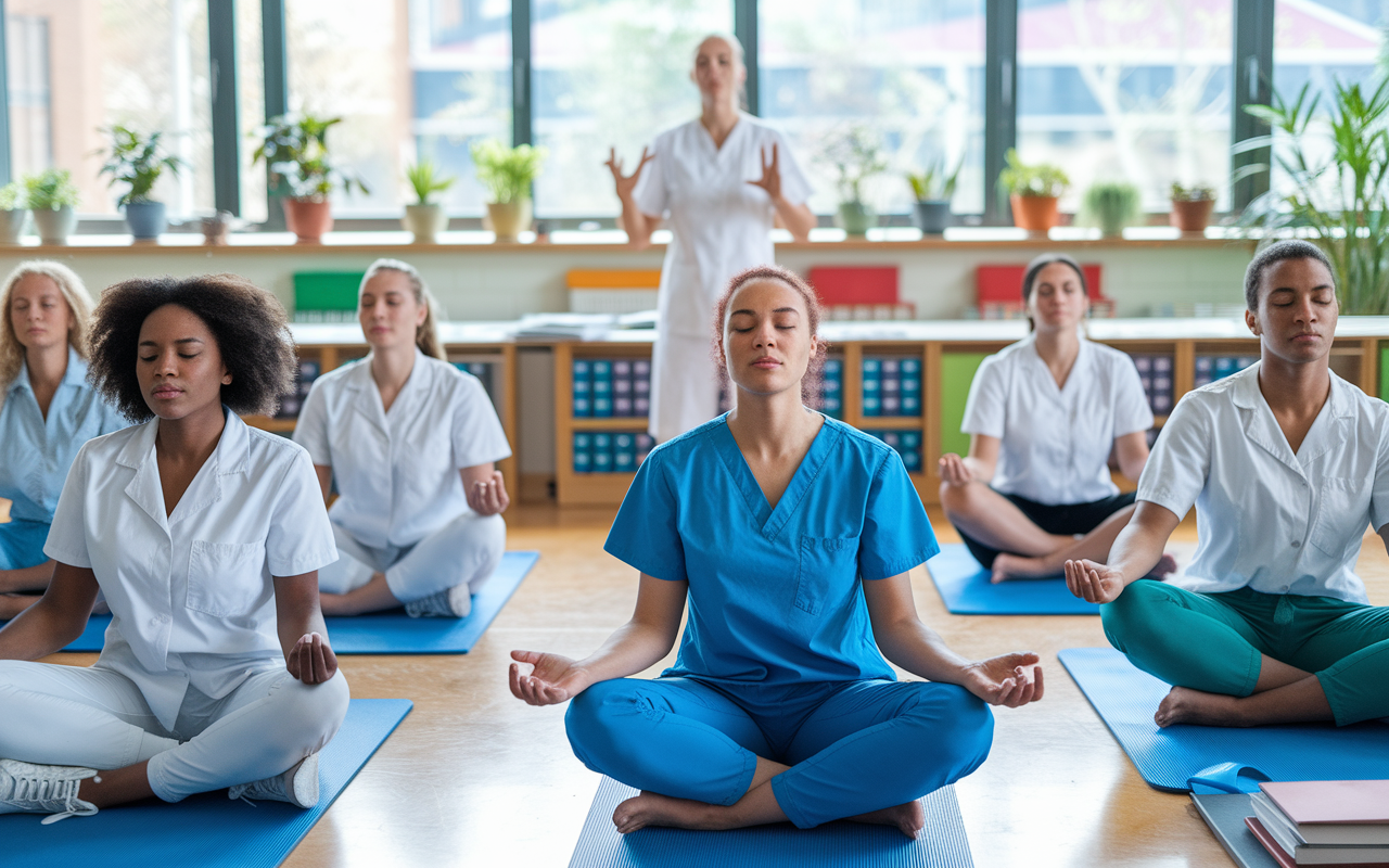 A vibrant classroom setting where a group of medical students are engaged in a mindful breathing exercise led by an instructor. The classroom features large windows letting in natural light, plants adorning the space, and diverse students seated on mats, with relaxed postures and eyes closed. The atmosphere conveys calmness and focus as the students inhale and exhale deeply, surrounded by study materials that suggest their busy medical school life.