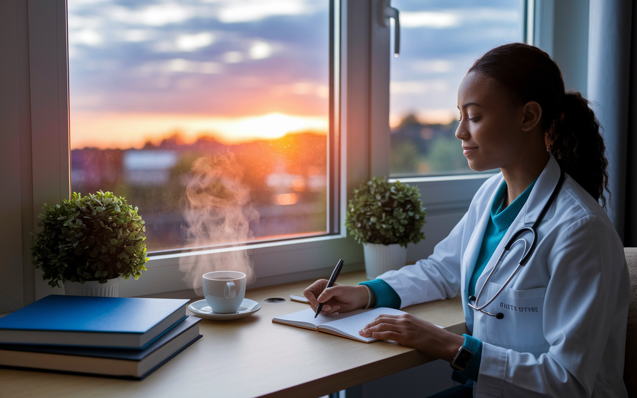 A warm, cozy indoor scene where a first-year medical student is sitting next to a window at sunset, journaling in a gratitude journal. Soft light filters through the window, highlighting the student's peaceful expression as they write. The desk is adorned with medical textbooks, a steaming cup of tea, and a small plant, symbolizing a nurturing study environment. Outside, the sky is rich with colors from the setting sun, creating an atmosphere of reflection and gratitude.