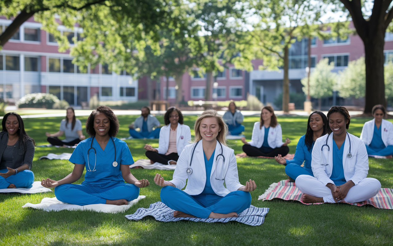 A large campus green space bustling with a diverse group of medical students taking mindfulness breaks. Some are seated on blankets practicing meditation while others engage in mindful walking, enjoying the sunny day. Trees provide natural shade, and the atmosphere is filled with a sense of calm and community. The students smile and interact with each other, showcasing a balanced mix of academic life and personal well-being.