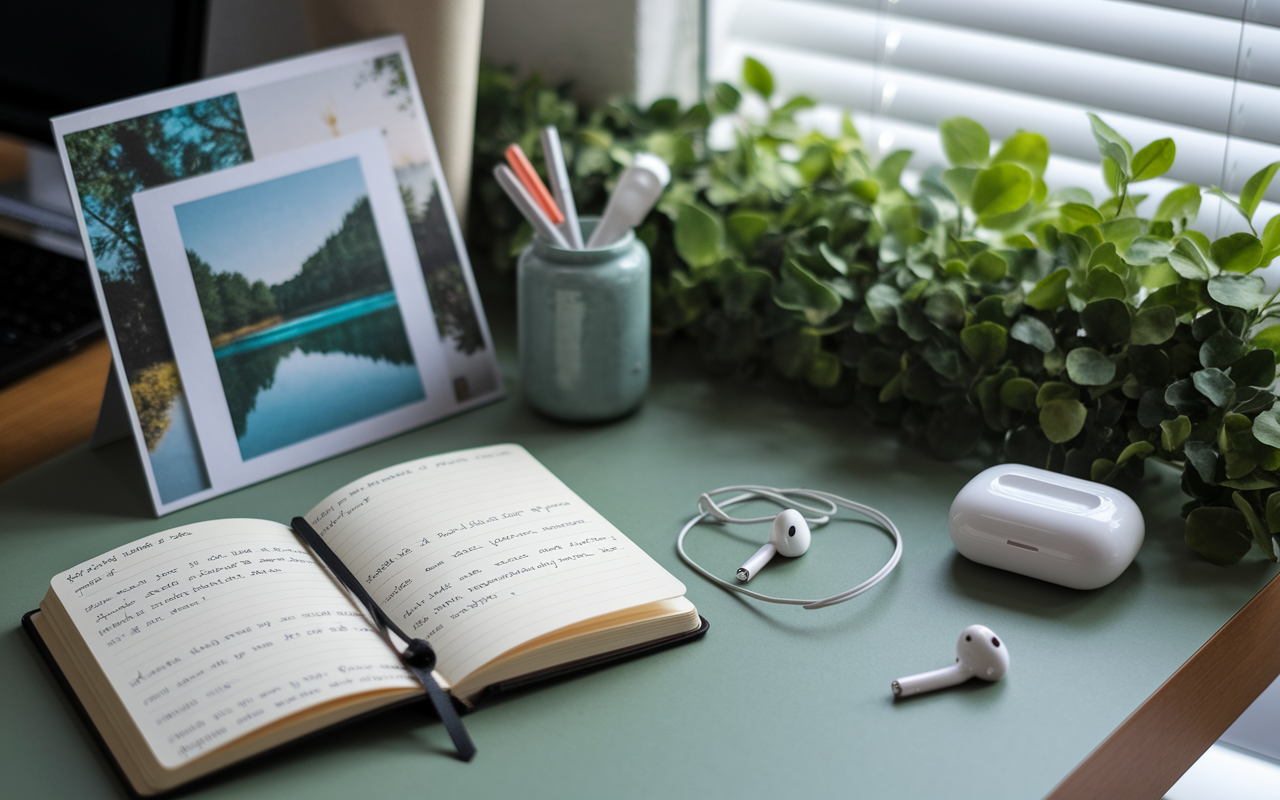 An inviting, visually appealing collage of mindfulness techniques showcased on a desk. The scene includes a gratitude journal open with handwritten entries, an image of a calm nature scene for visualization, earbuds representing access to guided meditation apps, and a quiet space for mindful breathing, all beautifully arranged with soft natural lighting and a touch of green foliage in the background, symbolizing serenity and mindfulness.