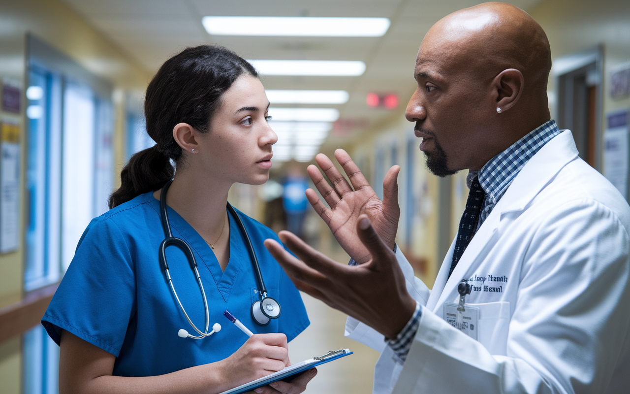 A close-up of a medical student engaging in conversation with an attending physician in a hospital corridor. The student, wearing scrubs and a stethoscope, is eagerly listening and taking notes. The attending, in a white coat, gestures animatedly while explaining a complex case, surrounded by clinical posters and patient care areas in the background. Soft ambient lighting highlights their focused expressions, showcasing the importance of mentorship and professional relationships in a medical setting.