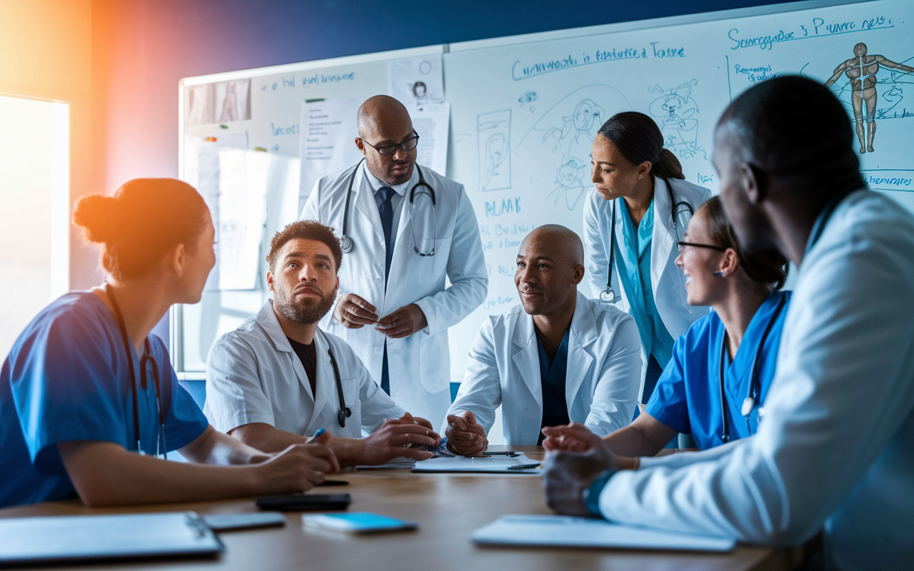 A vibrant hospital team meeting taking place in a conference room, featuring a diverse group of medical professionals discussing a patient case. The atmosphere is collaborative, with everyone deeply engaged in the conversation and sharing insights. A large whiteboard filled with charts and notes is visible, depicting the collaborative nature of healthcare. Warm overhead lighting creates an energetic yet focused environment, reflecting the importance of teamwork in clinical rotations.