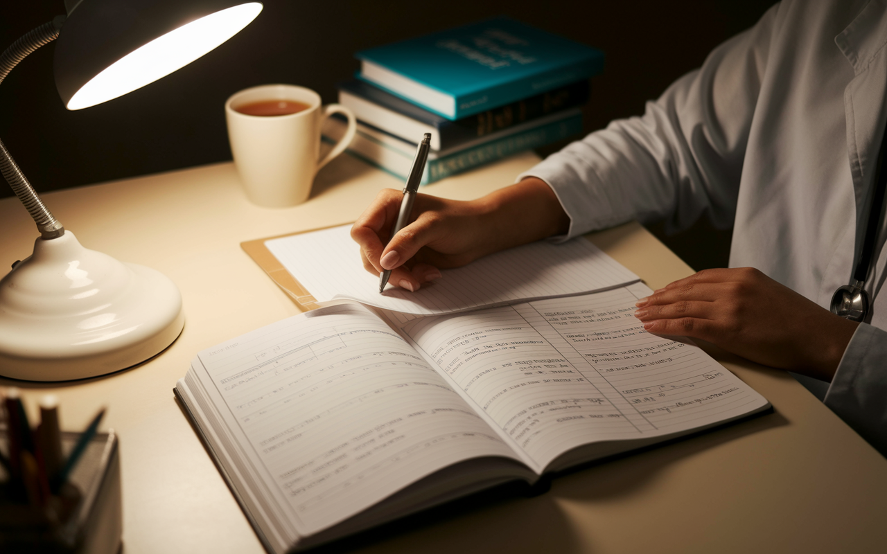 An introspective scene of a medical student sitting at a desk, writing in a clinical journal by the soft glow of a desk lamp. The journal is filled with detailed notes, diagrams, and patient encounters. A mug of tea sits beside the journal, and a couple of well-used medical textbooks are stacked nearby. The warm lighting creates a peaceful ambiance, emphasizing the importance of reflection and learning in the medical field.