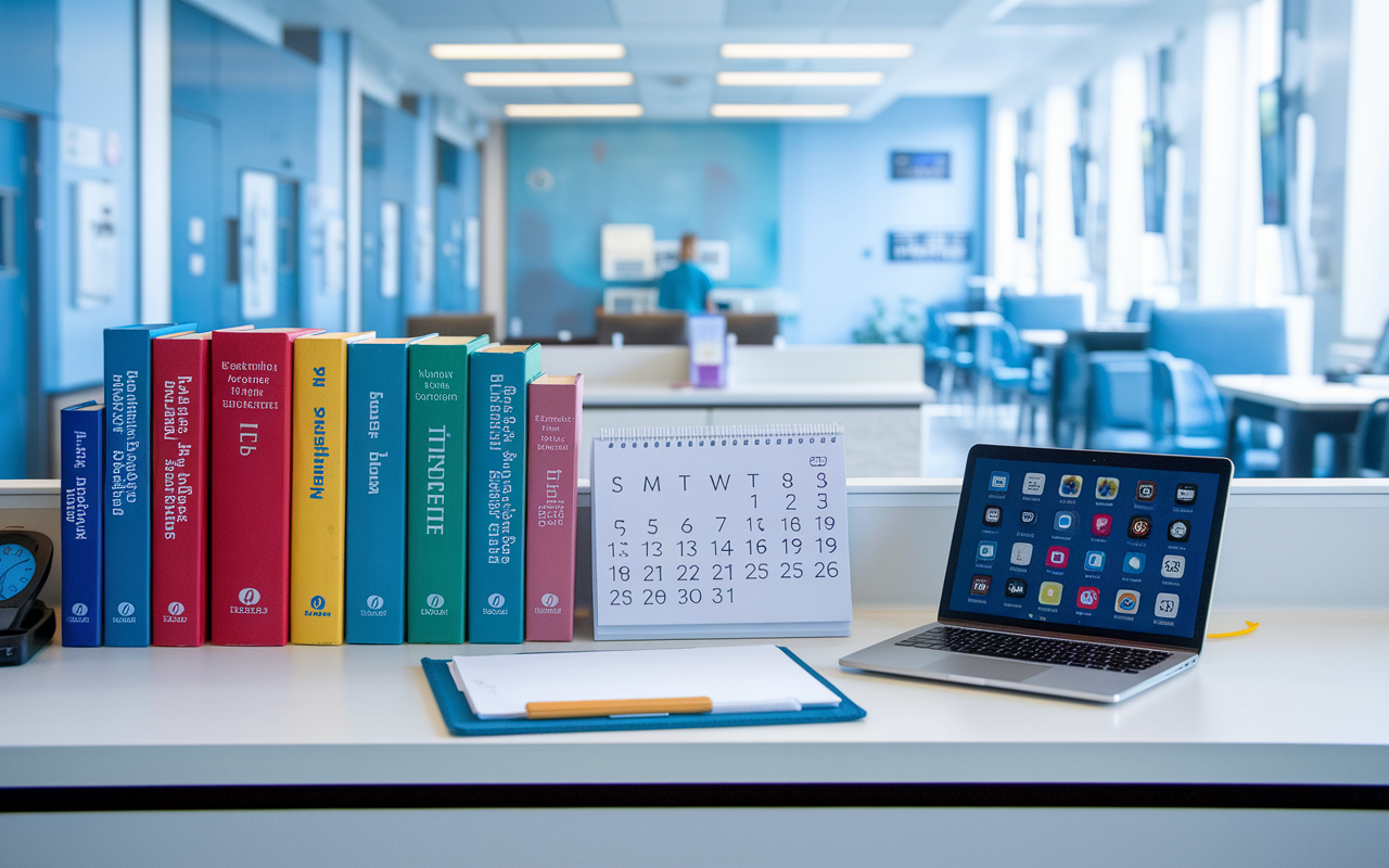 A well-organized medical workspace in a hospital break room, featuring neatly arranged medical texts, digital devices displaying healthcare apps, and a clutter-free workspace. A calendar is visible with important dates highlighted, showcasing excellent time management skills. The bright, clean environment conveys professionalism, with a focus on efficiency and readiness for patient care duties.