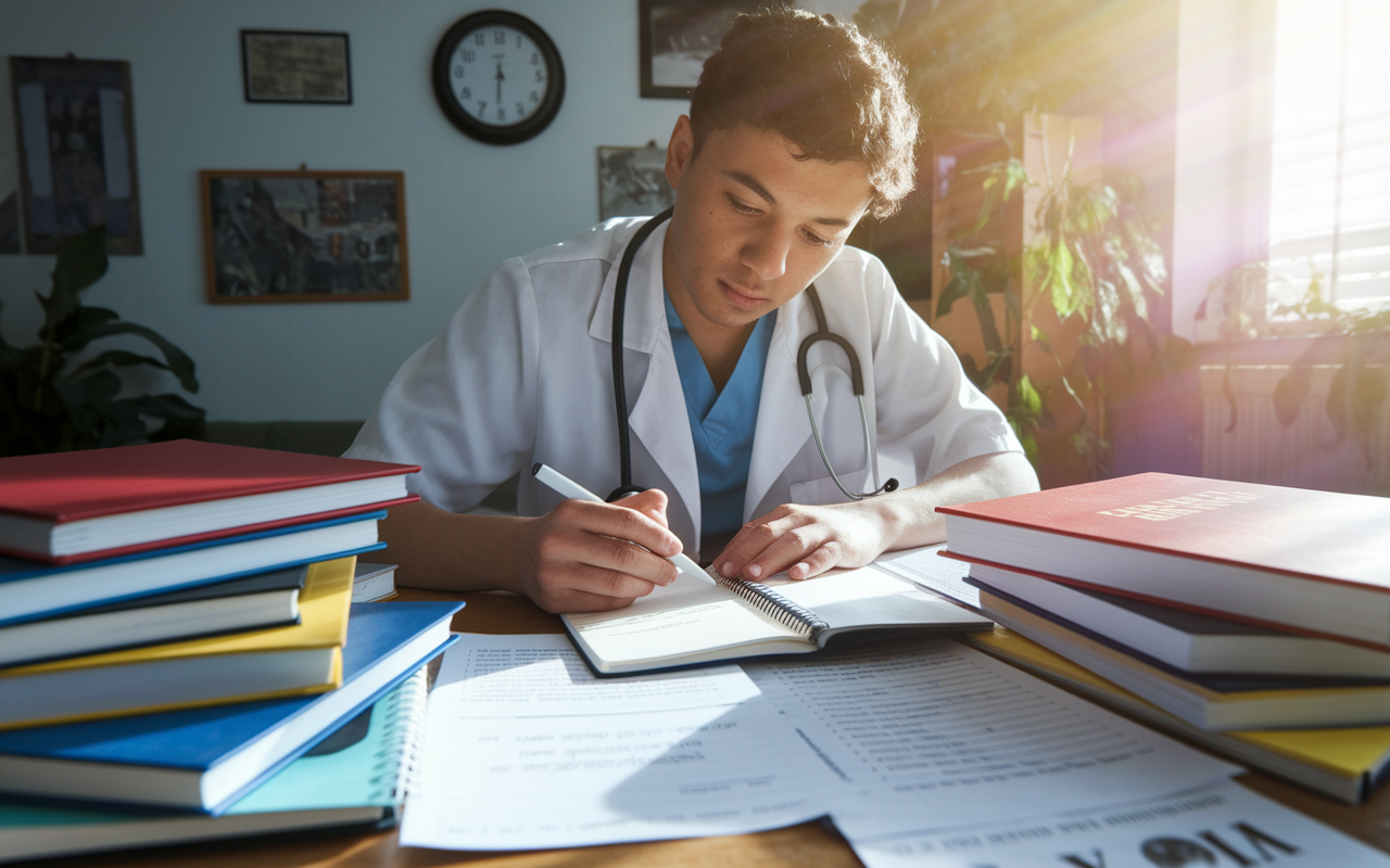 A focused medical student in a cozy study environment, surrounded by textbooks and notes related to their upcoming clinical rotation. The student reviews a rotation schedule while highlighting essential skills in a notebook. A wall clock indicates late afternoon, and sunlight streams through the window, casting a warm glow over the scene. The table is cluttered yet organized, illustrating deep engagement and preparation for the medical rotation.