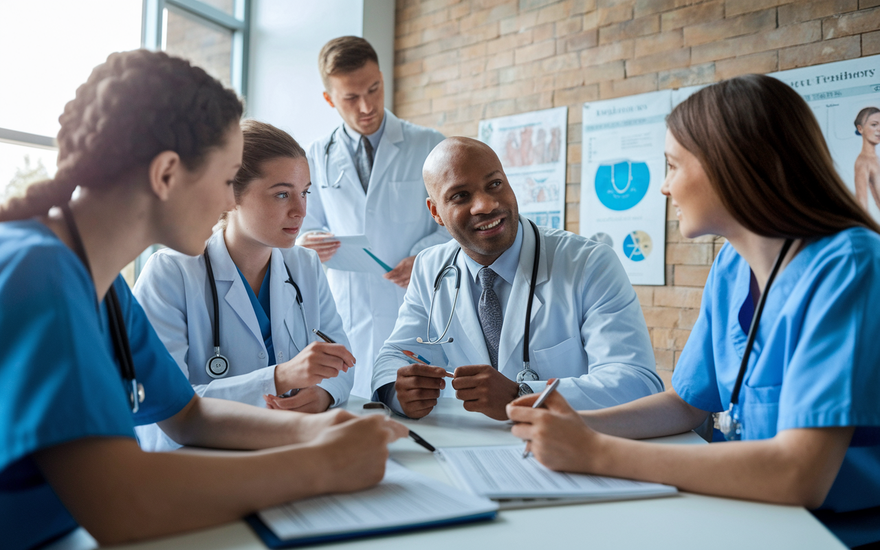 A scene in a hospital break room where eager medical students discuss cases with their supervising physician. One student enthusiastically asks questions while another listens attentively, jotting down notes. The atmosphere is collaborative, with medical references and charts on the walls. Natural light filters through the windows, highlighting the team's dedication and collaborative spirit, creating an inviting and energetic environment.