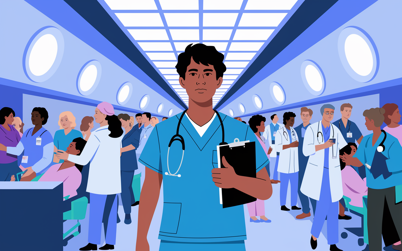 An illustration of a medical student in scrubs, looking determined while navigating a bustling hospital corridor filled with diverse healthcare professionals. The student is holding a clipboard and a stethoscope, showcasing adaptability amidst a rapid-paced environment. Bright overhead lights illuminate the scene, portraying a sense of urgency and focus. In the background, bustling nurses and doctors engage with patients, highlighting the dynamic nature of clinical rotations.