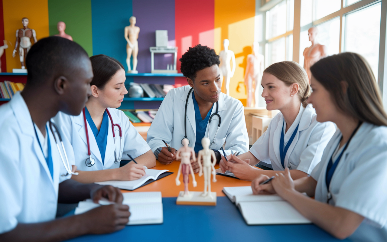 A diverse group of medical students collaborating in a colorful classroom setting, with one student leading the discussion while others listen attentively. They are surrounded by anatomical models and medical books, creating an immersive learning environment. The warm light from windows casts a positive glow on their focused expressions, showcasing teamwork and enthusiasm in sharing knowledge. Some students take notes, while others engage in animated conversations, illustrating effective communication and collaboration.