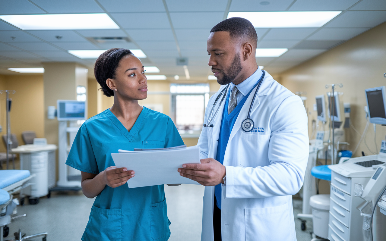 A young medical student in scrubs, looking professional and confident, discussing medical charts with a supervising physician in a well-lit clinical setting. The surroundings are filled with medical equipment and patient care areas, reflecting a serious atmosphere. The student's focused and respectful demeanor conveys professionalism, while the physician offers guidance and support. Bright lighting casts positive shadows, creating an environment of trust and learning.