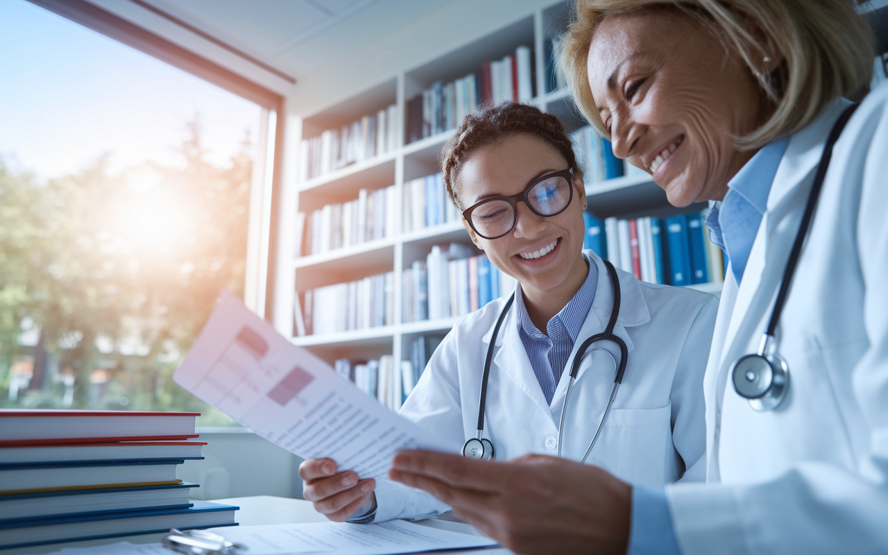 A close-up scene focusing on a medical student and an attending physician in a well-lit office filled with medical books and research papers. The student, a young woman with glasses, eagerly discusses a recent research article with the attending, a middle-aged woman with a friendly demeanor. The atmosphere is academic and collaborative, with a large window showing a sunny day outside, symbolizing bright ideas and advancements in medicine.