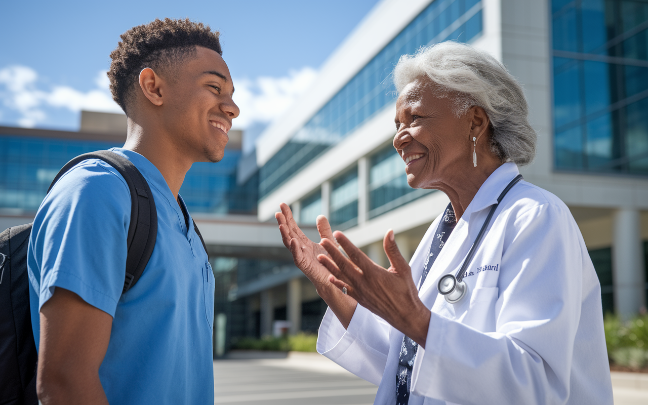 A heartwarming moment capturing a medical student and attending physician sharing a thoughtful conversation outside a hospital on a beautiful day. The student, a young man, smiles while listening intently to the attending, a distinguished older woman, who gestures expressively. The backdrop features the hospital's modern architecture and a clear blue sky, symbolizing hope and mentorship in the medical field.