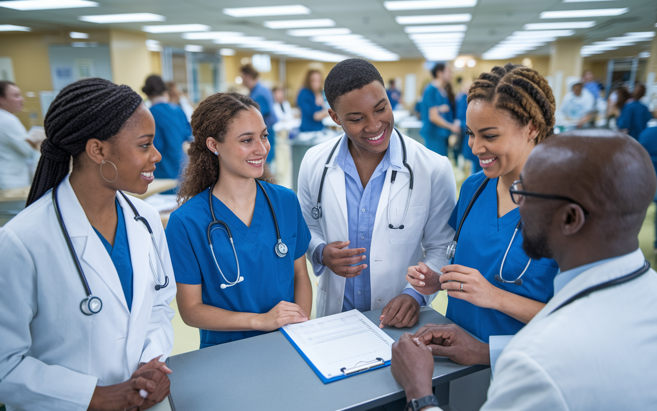 A diverse group of medical students in a hospital setting engaged in a lively discussion with an attending physician. They are gathered around a patient chart at a nursing station, displaying a sense of collaboration and curiosity. The background features a busy hospital environment with nurses and patients, and the lighting is bright yet soft, capturing the energy of learning and teamwork.