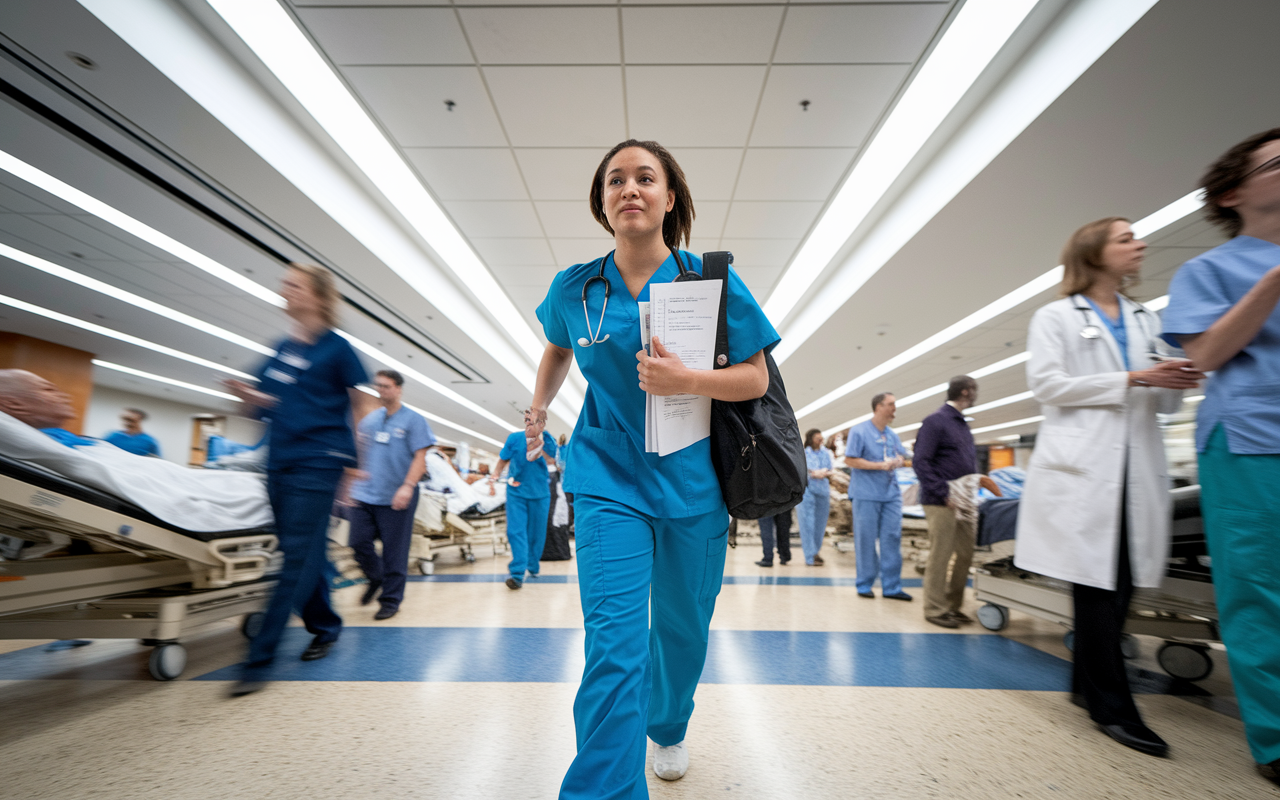 A medical student in scrubs rushing through the busy hospital lobby, looking determined and prepared. The student holds a patient chart and a stethoscope around their neck. The lobby is bustling with healthcare professionals and patients, with bright overhead lights illuminating the scene, symbolizing urgency and dedication.