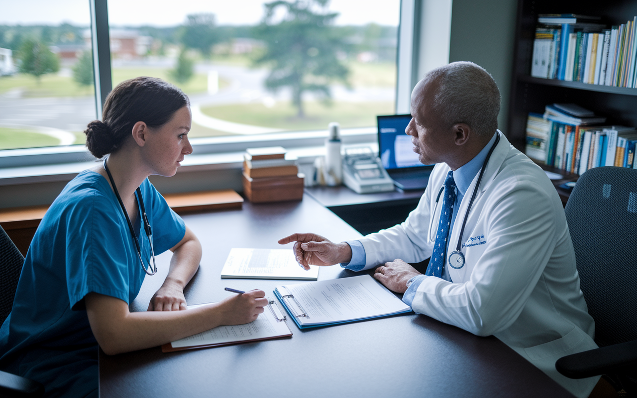 A medical student sitting across from an attending physician in an office, engaged in a feedback session. The physician is pointing at a patient chart, while the student takes notes with a focused expression. The office is filled with medical books and a window showing a view of the hospital grounds, portraying a sense of mentorship and learning.