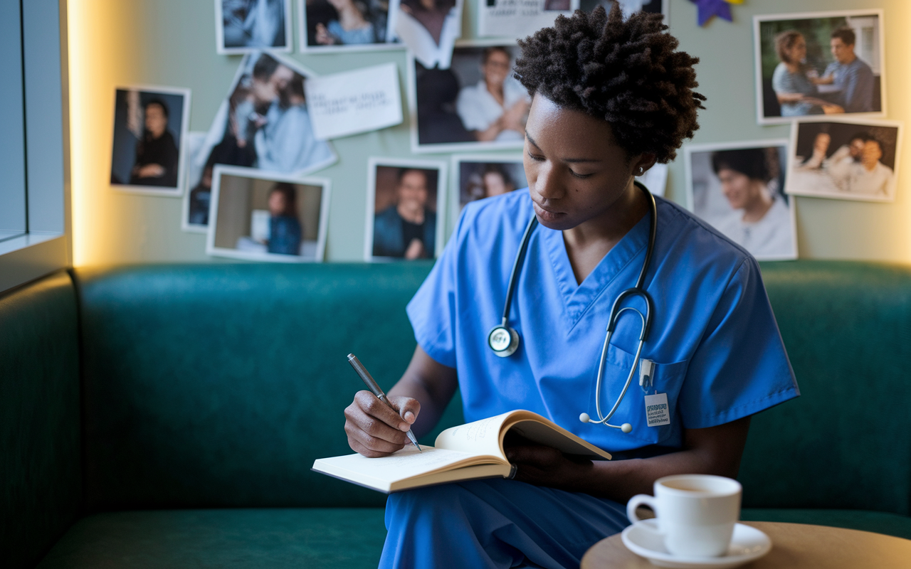 A medical student in a cozy corner of a hospital break room, writing in a journal with a pensive expression. The room has soft ambient lighting, and a cup of coffee sits beside the journal. A wall of photos and thank-you notes from patients can be seen in the background, creating a reflective and calming atmosphere.