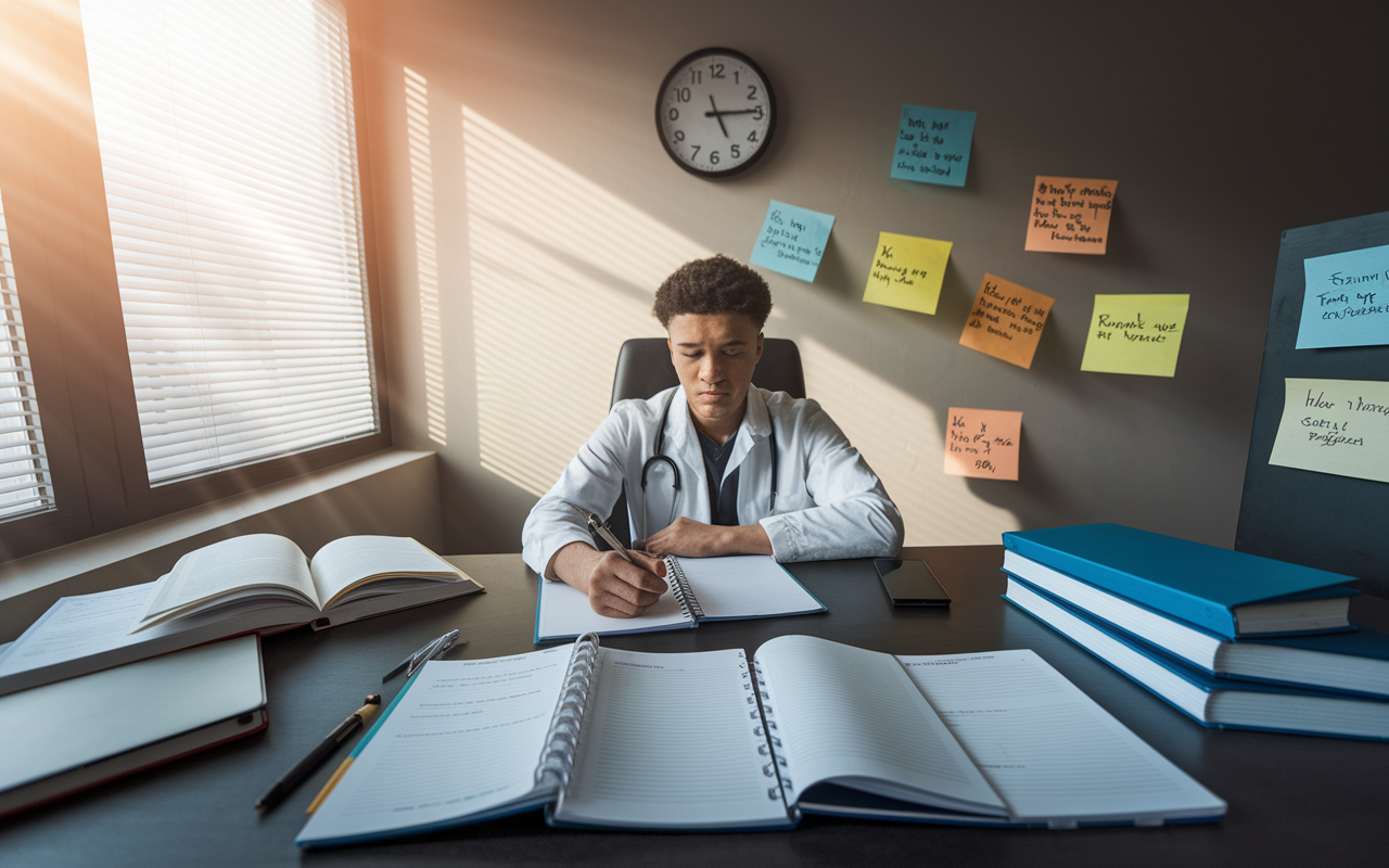 An office desk with a medical student sitting, surrounded by open medical textbooks, a laptop, and sticky notes filled with reminders. The student is writing in a planner, looking pensive yet determined. A wall clock shows the late hour, with sunlight streaming through a window, creating a warm yet focused atmosphere. The scene encapsulates the tension between academic and clinical responsibilities during rotations.