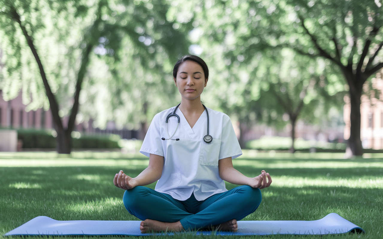 A medical student sitting cross-legged on a yoga mat in a serene campus garden, eyes closed, practicing mindfulness meditation. The sunlight filters through lush green trees, casting soft patterns around. A calm expression dominates the student’s face, symbolizing peace amidst the chaos of clinical rotations. Gentle breezes rustle the leaves, enhancing the tranquil setting.