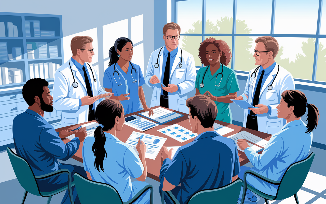 A diverse group of healthcare professionals in a clinical meeting room, discussing a patient case. The physicians, nurses, and pharmacists are animatedly sharing ideas, using charts and diagrams. The room is modern and well-equipped, with natural light streaming in through large windows. Each professional displays attentive body language, conveying respect and collaboration. The image emphasizes the importance of teamwork in healthcare, highlighting the diversity of roles and cultures in the medical field.