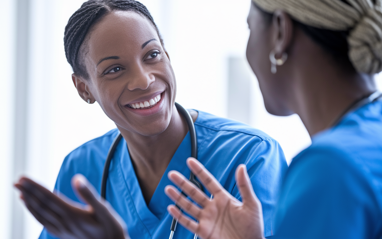 A close-up of two healthcare professionals in conversation in a clinic. One professional is smiling warmly while listening attentively, showcasing positive body language, while the other is speaking with clarity, using hand gestures to emphasize points. The image highlights the importance of non-verbal cues, with bright lighting and a clean clinical background, reflecting a supportive atmosphere.