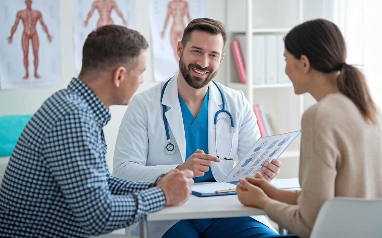 A medical professional sitting with a patient in a consultation room, demonstrating effective communication. The doctor is illustrating treatment options using a diagram and engaging the patient in the conversation. The patient appears involved, nodding and asking questions, showcasing a collaborative dialogue. The setting is bright and inviting, with medical charts and a soothing color palette, reflecting a patient-centered approach.