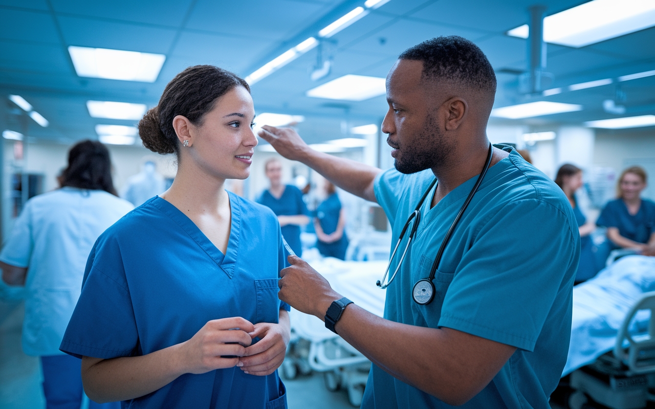 A dynamic scene in a hospital environment where a medical student is interacting with a clinical supervisor. The student is in scrubs, attentively listening to the supervisor, who is pointing out patient care techniques. Background shows a bustling hospital room, with nurses, and patients, illuminated by bright, clinical lighting, conveying a sense of urgency and collaboration.