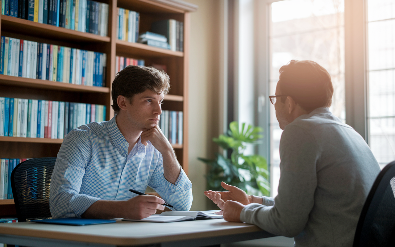 An intimate scene inside a professor's office, where a student is sitting across from a professor, engaging in a serious discussion about medical school aspirations. Bookshelves filled with medical textbooks in the background, soft natural light coming through the window, creating a comfortable and inviting atmosphere that encourages learning and mentorship.