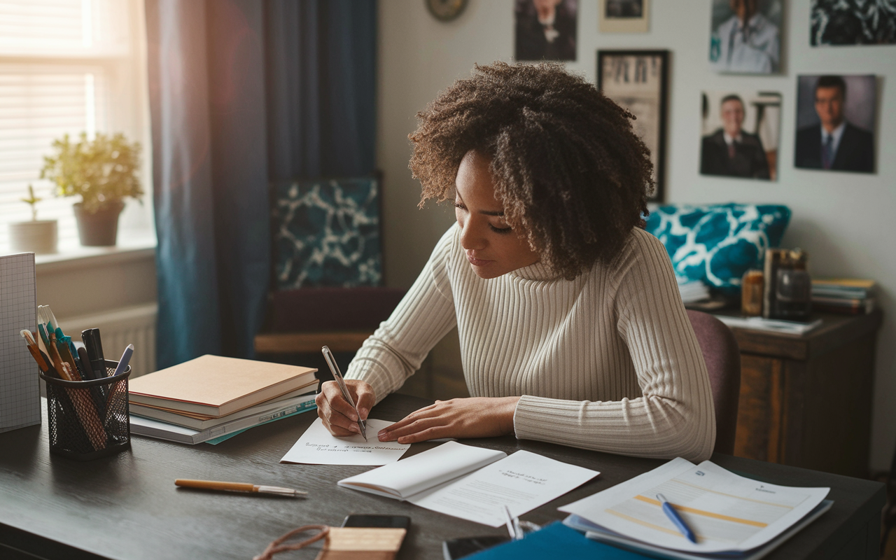 A heartfelt scene showing a student writing a thank-you note at a cozy desk filled with medical-related books and application materials. The room is bathed in warm, inviting light, with personal touches like pictures of mentors and accomplishments, conveying a sense of appreciation and emotional connection.