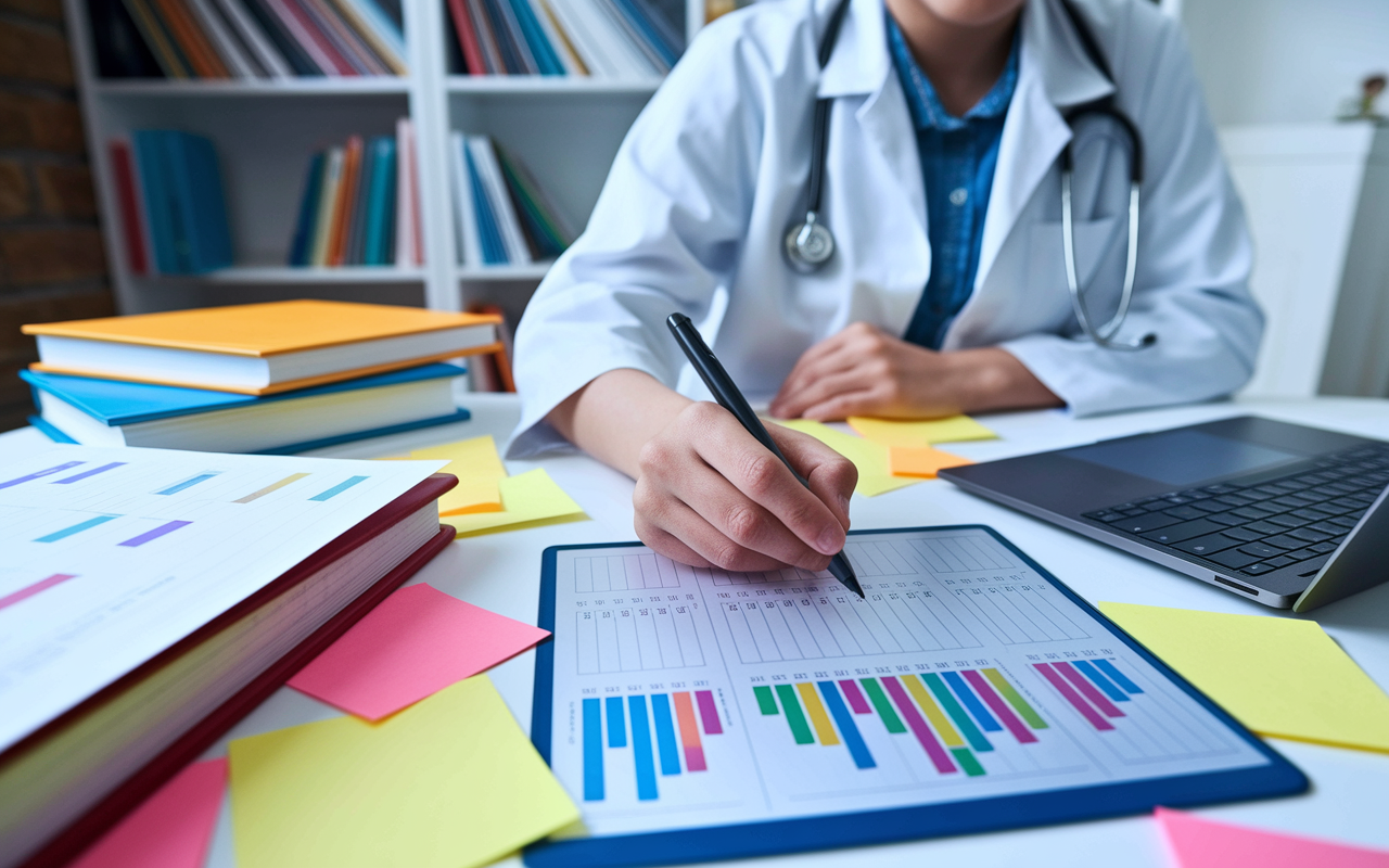 A close-up of a young medical student sitting at a desk surrounded by textbooks and a laptop, diligently working on a digital calendar on the screen. Colorful charts and tasks are neatly organized in a visible interface, with sticky notes scattered around, providing a sense of focus and dedication. The room is well-lit, showcasing a cozy study space filled with educational materials.