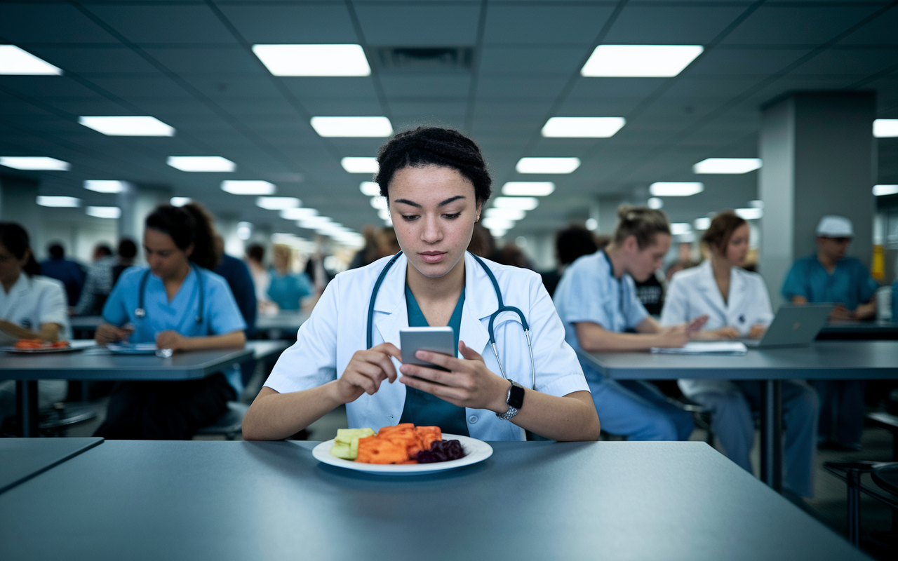 An image of a medical student sitting in a hospital cafeteria, with a focused expression while reviewing flashcards on her smartphone. Tables filled with other busy students and medical personnel provide context, dim overhead lights create a calm atmosphere, and a plate of healthy snacks rests beside her, emphasizing the balance of study and self-care.