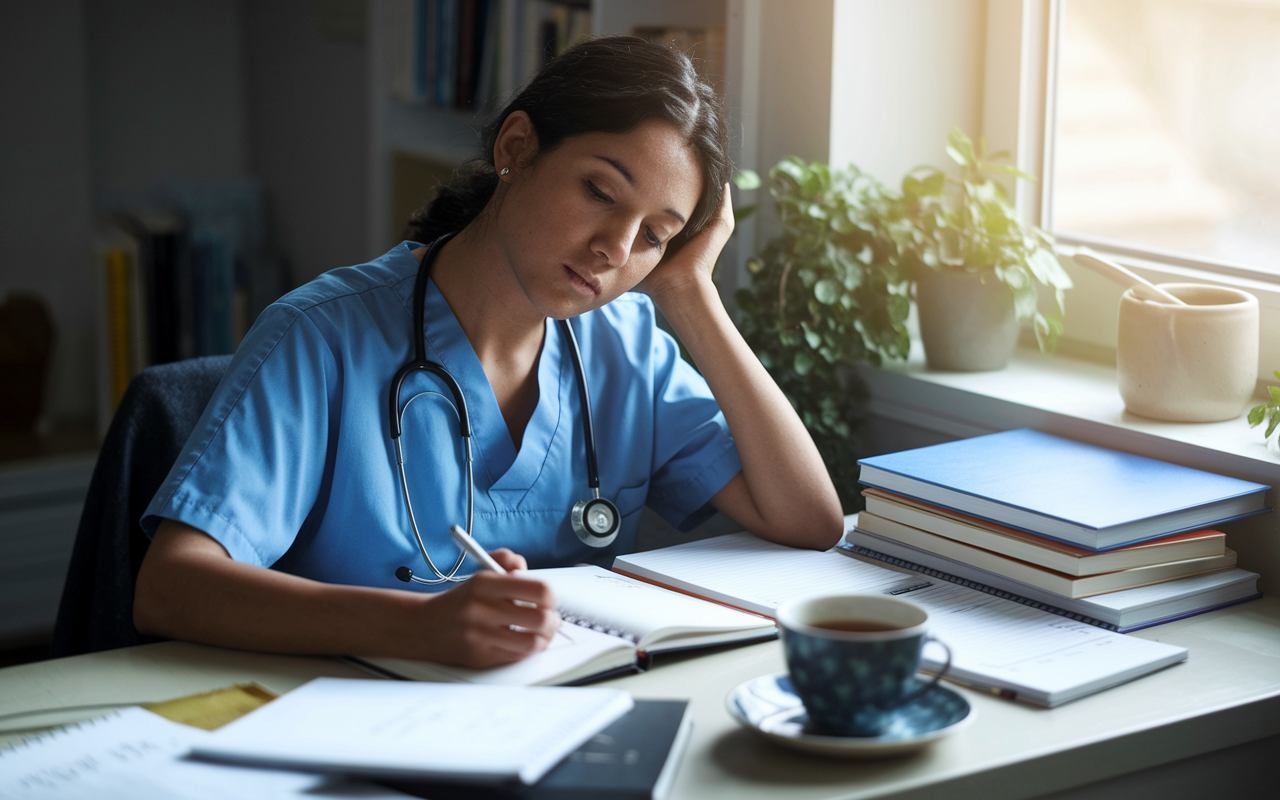 A reflective moment showing Ana, a third-year medical student, sitting at a desk cluttered with textbooks, writing in a journal with a thoughtful expression. A calming light spills through the window, illuminating notes and a cup of tea beside her. The setting conveys a sense of personal growth and the pursuit of knowledge in her medical journey.