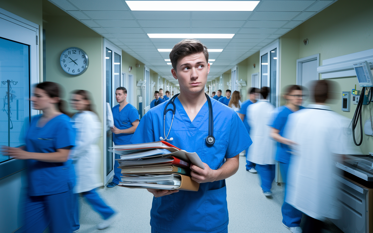 A tired medical student in blue scrubs stands in a bustling hospital corridor, looking stressed. The student holds a thick stack of patient files and looks toward a doorway filled with bright overhead lights, capturing the sense of overwhelming responsibilities. Frantic doctors and nurses bustle about, and a wall clock showing late hours reflects the heavy workload. The environment is busy, with splashes of color from medical equipment and calming blue from scrubs to emphasize the tension.