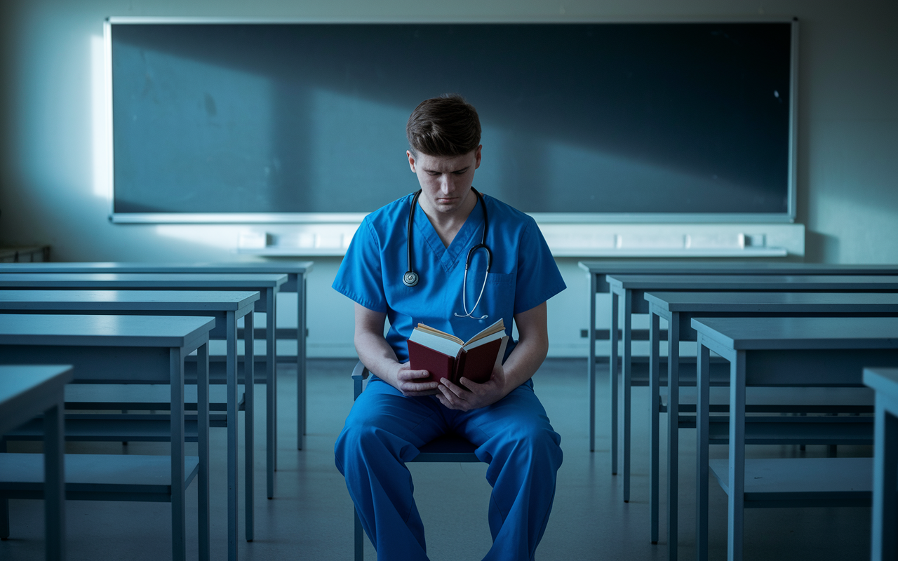 A frustrated medical student in scrubs sits in an empty, dimly lit classroom or exam room, staring at a blank board. The student holds a couple of medical textbooks, with a dejected expression, and the surrounding area has minimal resources and no engaging activities. The atmosphere feels stagnant and dull, with soft lighting casting gentle shadows, creating a mood of frustration and disillusionment.