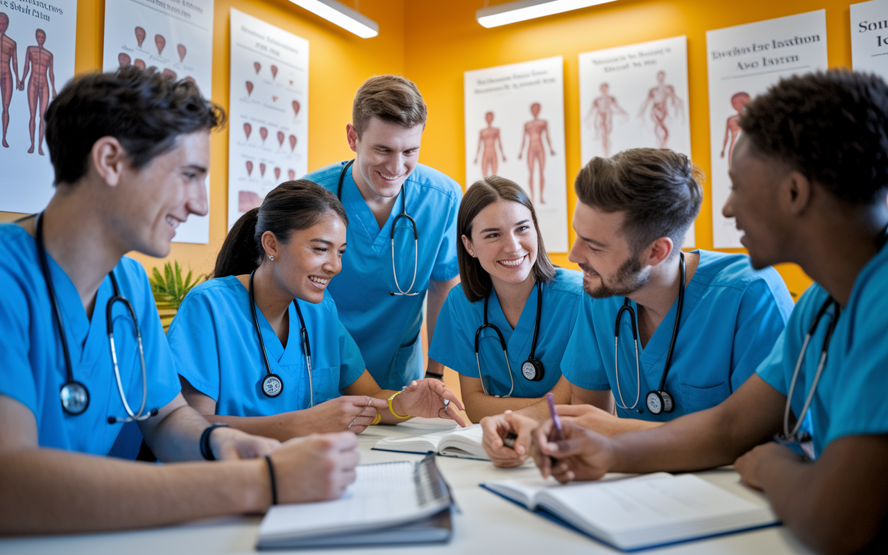 A group of medical students in scrubs gather in a bright, cheerful study room filled with posters of medical diagrams and textbooks. They are engaged in animated discussion and helping each other with studying, smiling and sharing notes. The warm, inviting lighting creates a sense of camaraderie and support, illustrating the importance of community among peers. The atmosphere feels lively and collaborative, enhancing their collective learning experience.