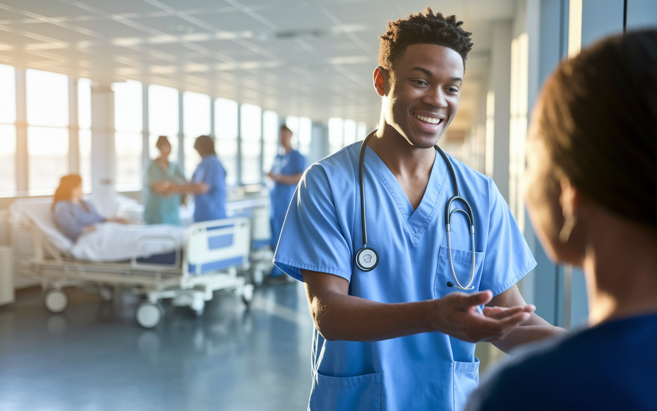 An inspired medical student in scrubs stands confidently in a hospital setting, energetically engaging with a patient and showing empathy with a sincere smile. The background reveals a busy hospital ward with interaction between patients and healthcare professionals, conveying a positive perspective of the profession. Gentle, uplifting sunlight streams through the windows, illuminating the student and creating a hopeful atmosphere. The composition here captures an essence of resilience and dedication amidst challenges.