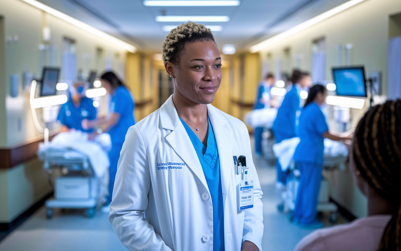 A medical professional in a well-fitted white coat standing in a brightly lit hospital hallway. The individual is making eye contact with a patient, showcasing compassion and professionalism. In the background, other healthcare professionals are attending to patients, with equipment on wheels and monitors subtly illuminating the scene with soft, clinical lighting. The setting conveys an atmosphere of care and diligence.