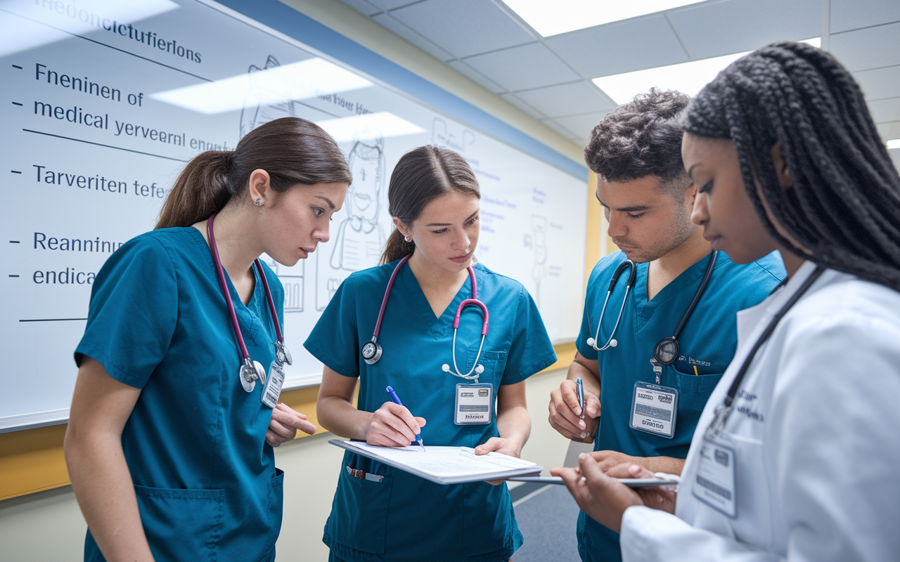 A group of medical students engaged in a collaborative discussion within a hospital room, reviewing a patient chart. The students demonstrate active listening and engagement, with one of them taking notes. A whiteboard in the background showcases complex medical terms and diagrams, further immersing the viewer in the educational environment. The lighting is bright and clinical, reflecting a space focused on learning and teamwork.