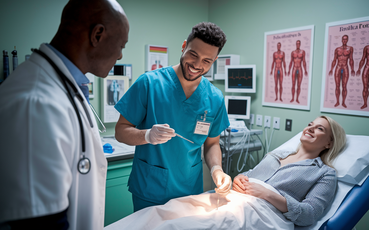 A medical student in scrubs, eagerly participating in a clinical procedure under the watchful eye of an experienced physician. The room is vibrant with medical equipment, colorful charts on the walls, and a patient on the examination bed who appears relaxed. The student is smiling while holding instruments, conveying enthusiasm and dedication to learning. Harsh clinical lighting contrasts with the warm human interaction.