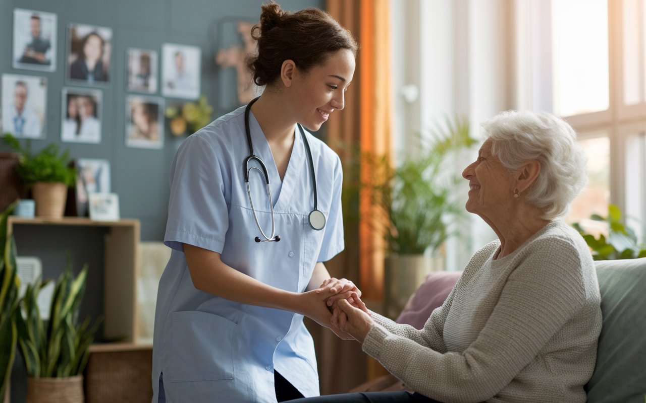 An empathetic medical student interacting with an elderly patient in a hospital room. The student gently holds the patient's hand while discussing their medical history, showcasing warmth and patient-centered care. The room is filled with personal touches like family photos, plants, and natural light streaming through a window, emphasizing a caring and supportive atmosphere.