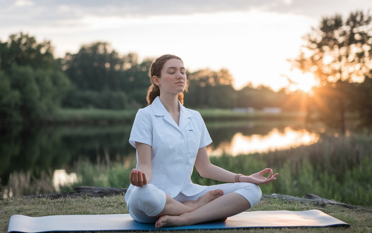 A medical student practicing yoga in a peaceful outdoor setting, surrounded by nature after a long day of rotations. The student is in a serene pose, with a look of tranquility and mindfulness. In the background, the sun sets, casting golden hues over the scene, emphasizing relaxation and the importance of mental health.