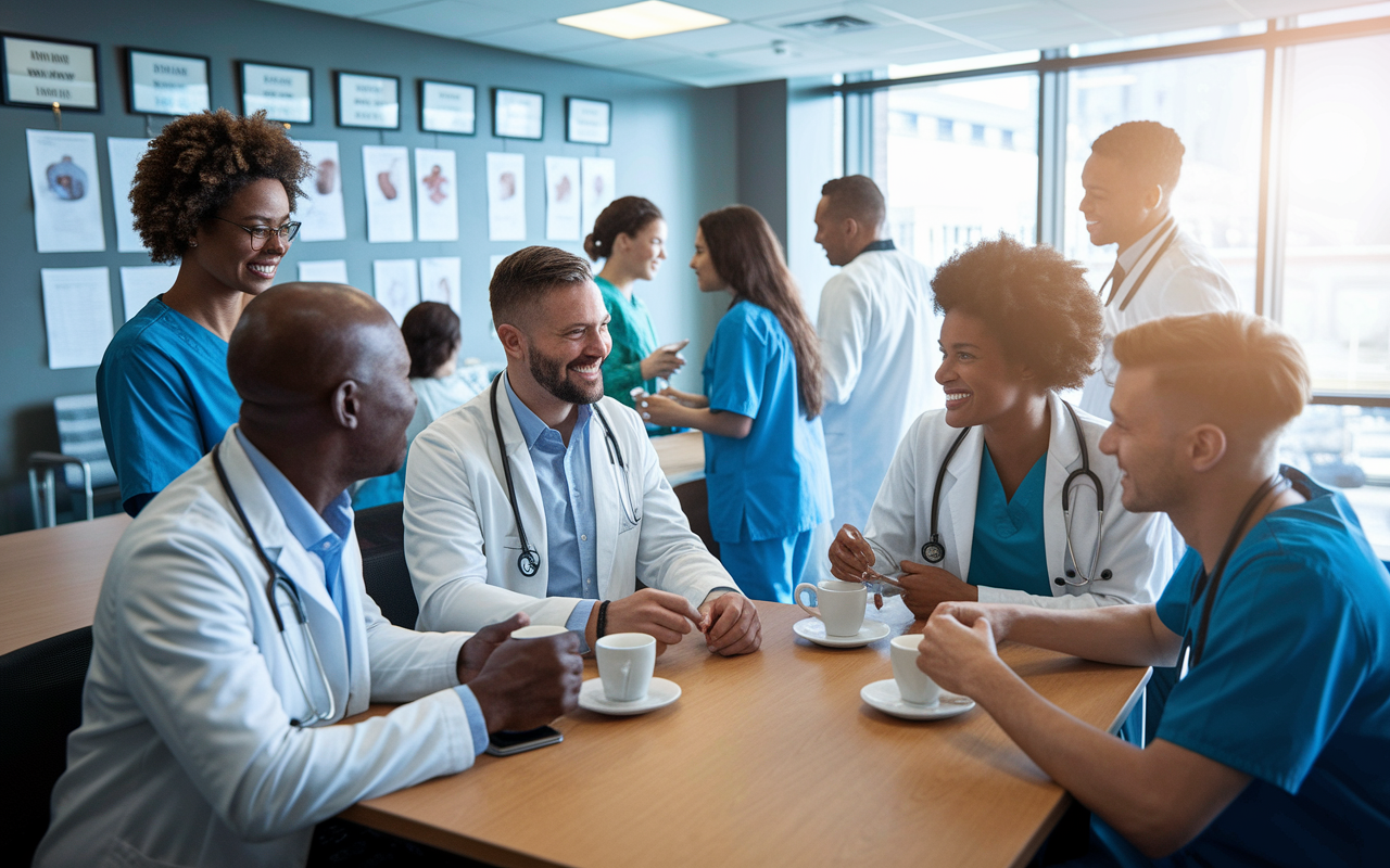 A group of diverse medical residents networking in a hospital break room, sharing ideas and experiences over coffee. The room is vibrant with lively discussions, medical charts on the walls, and smiles all around, creating an atmosphere of camaraderie and collaboration. Natural sunlight filters through the window, symbolizing new opportunities.