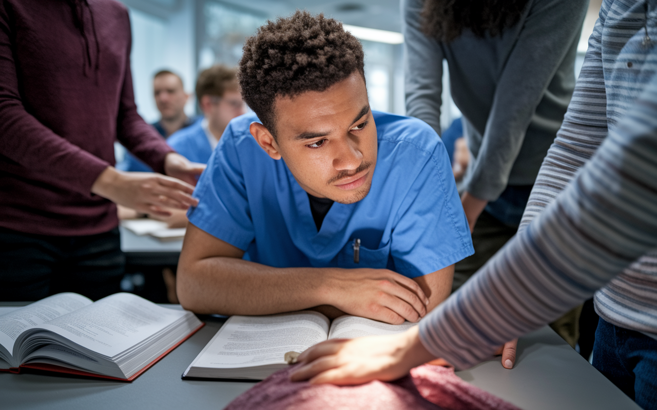 A medical student looking contemplatively at a challenging surgical procedure in a classroom setting, with textbooks open nearby. The lighting is focused on the student’s face, expressing introspection and awareness of their learning journey. The environment is set up like a study group, with peers assisting in the background, creating a supportive learning atmosphere.