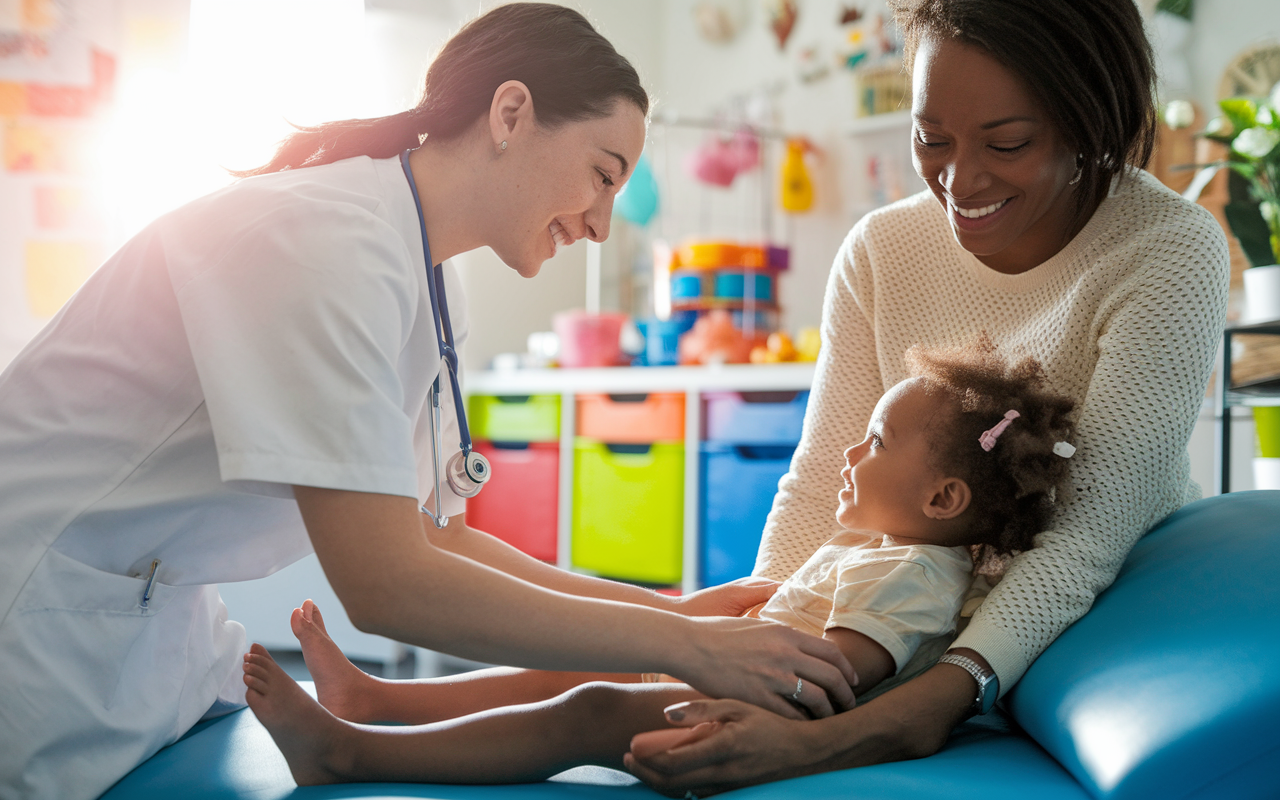 A medical student gently performing a physical exam on a child in a bright, cheerful pediatric room filled with colorful decorations and toys. The child's mother watches closely, with a smile, portraying trust in the student. The warm sunlight streaming in adds to the friendly atmosphere, highlighting the importance of empathy in healthcare.