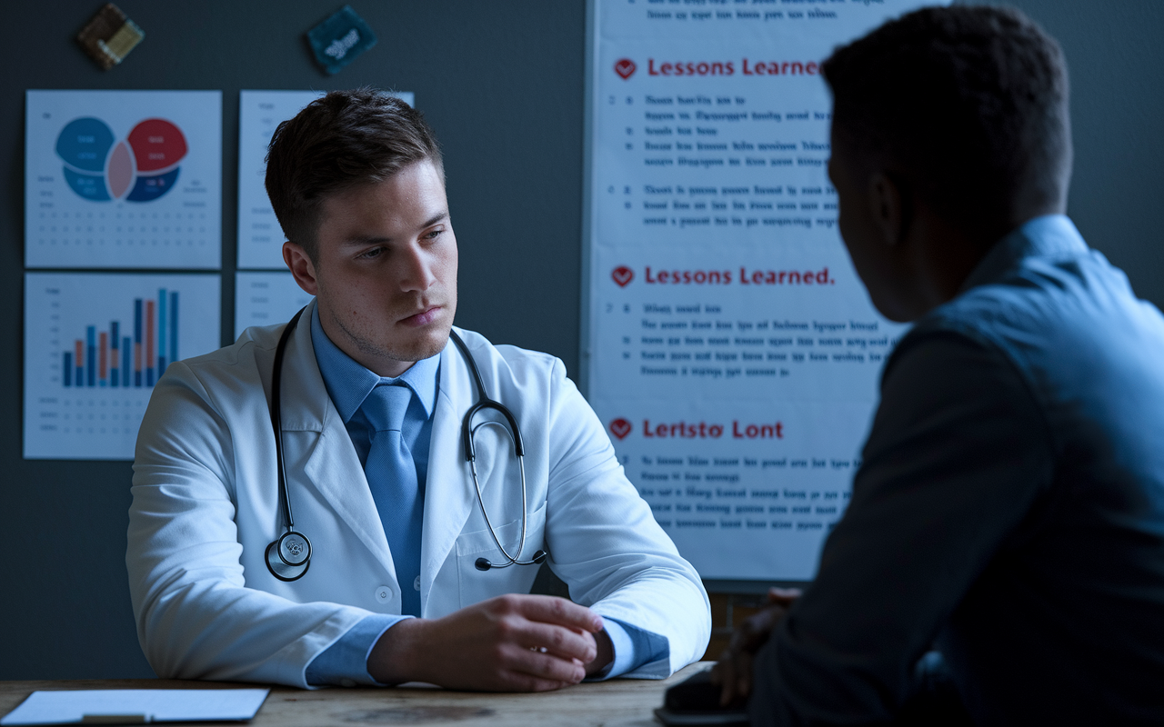 A medical student reflecting on a recent clinical error in a somber, yet learning-filled environment, with charts and an educational board in the background displaying lessons learned. The lighting is soft, creating a contemplative mood, as the student discusses the incident with a mentor, illustrating the importance of growth and honesty in medicine.